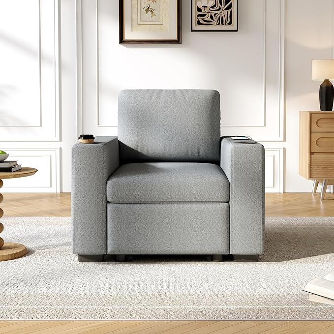 Merax 35.4 Modern Convertible Sofa Bed Pull-Out Sofa Couch Single Sleeper Chair with Pull-Out Mechanism USB Ports and Cup Holders Chenille Fabric for Living Room Small Space Grey