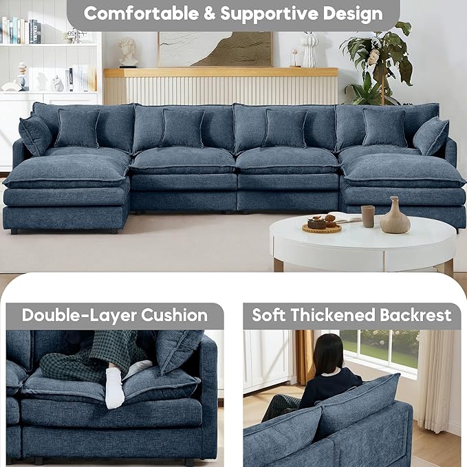 130.7 U Shaped Modular Sectional Sofa Comfy Upholstery Chenille Cloud Couch with Ottoman Modern 6-Seat Deep Seat Sofa with Pillow for Living Room Bedroom Apartment Navy Blue