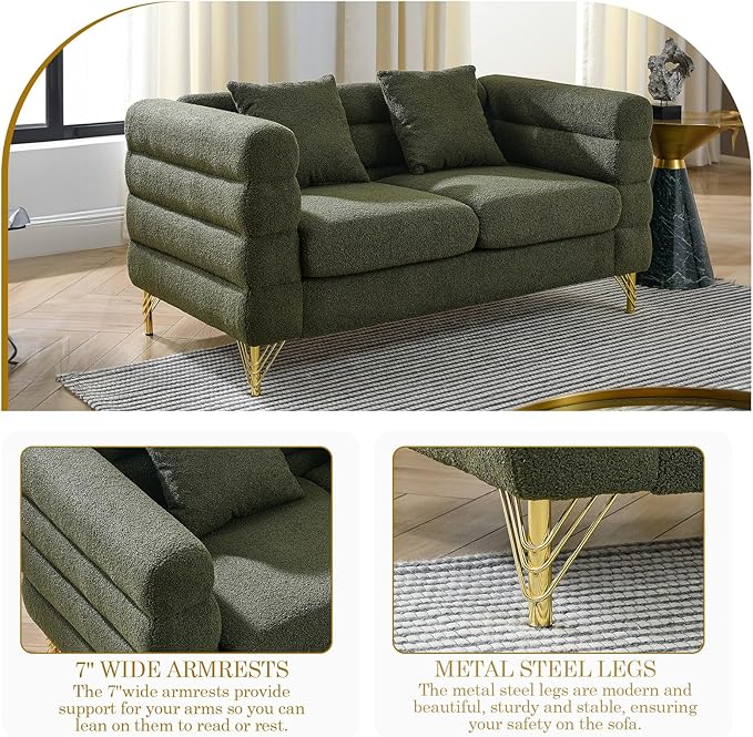 Loveseat Sofa Modern Couch 60 W Teddy Bouclé Comfy Cloud Sofa with Gold Legs &amp Pillows Upholstered Tufted Deep Seat Cozy Sherpa Couch for Living Room Bedroom Office Apartment(2 Seater Green