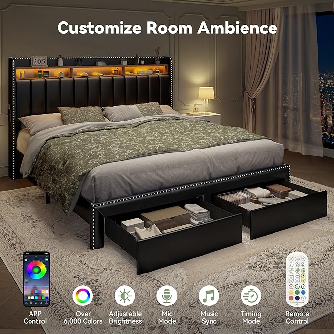 Torana King LED Bed Frame with 2 Drawers PU Leather Upholstered Storage Wingback Headboard Beds Channel Tufted Platform Bedframe with Rivet Decor No Box Spring Needed Black