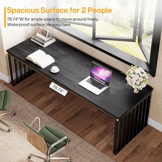 Tribesigns 78 Computer Desk Extra Long 2-Person Desk with Metal Legs Double Writing Table with Spacious Space Industrial Wooden Office Desk Large Study Desk Workstation for Home Office (Black)