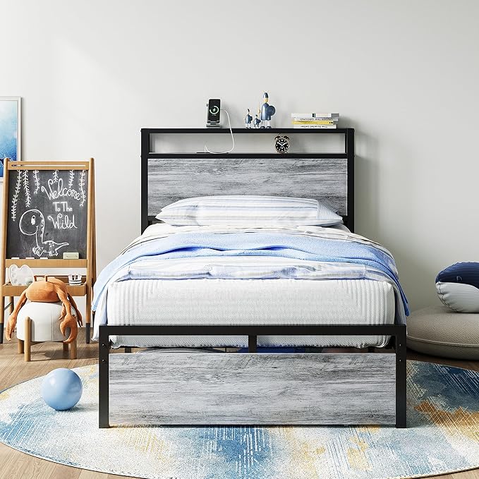 LIKIMIO Twin Bed Frames with Drawer Storage Headboard with Outlets No Box Spring Needed Easy Assembly Industrial Gray