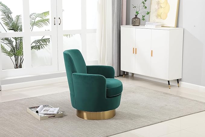 Velvet Swivel Barrel Chair Armchair for Living Room Reading Chairs for Bedroom Comfy Round Barrel Chairs with Gold Stainless Steel Base for Living Room Bedroom Reading Room (Emerald)