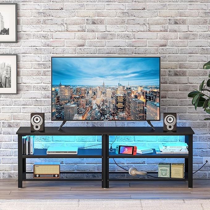 Clikuutory Modern Black 63 inch Metal TV Stand with LED Lights and Power Outlets for 40 50 55 60 65 70 Inch TVs 3 Tier Television Stands with Entertainment Center and Storage for Living Room Bedroom