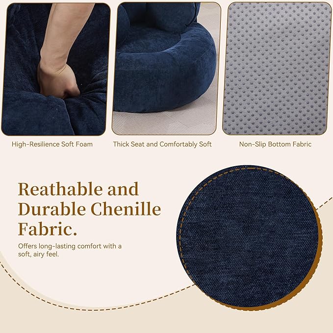 Round Oversized Chair Floor Sofa Chair Chenille Compressed Circle Chaise Lounge No Assembly Boneless Barrel Chair Lazy Bean Bag Couch Accent Chair for Living Room Bedroom DormNavy