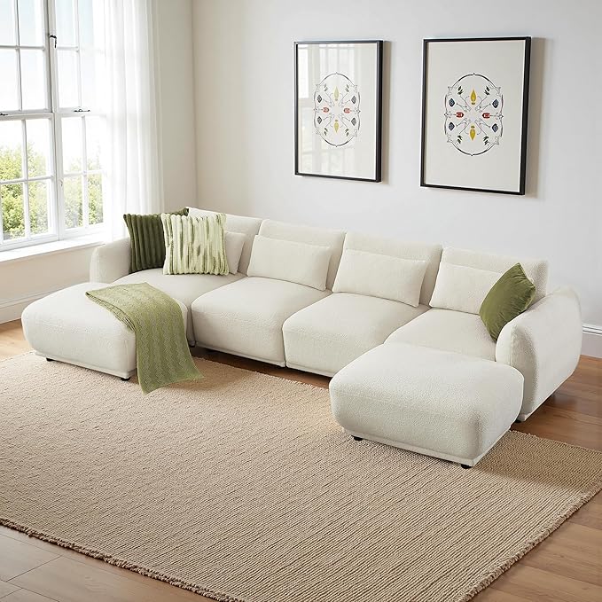 Sectional Sofa Couch Modern U Shaped Sectional Couch with Ottoman Modular Sectional Sofa Cloud Couches for Living Room (Beige 4 Set + 2 Ottoman)