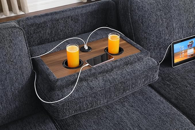 Lilola Home Mackenzie 91-inch Chenille Fabric Reversible Sleeper Sectional Sofa with Storage Chaise Drop-Down Table Cup Holders &amp USB/USB-C Charging Ports Easy Assembly Living Room — Charcoal