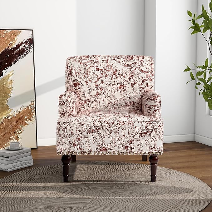 Accent Chair Mid Century Modern Comfy Armchair for Living Room Linen Fabric Single Sofa Lounge for Reading Bedroom Apartment Waiting Room with Wood Legs (Rococo Orange Set of 2)