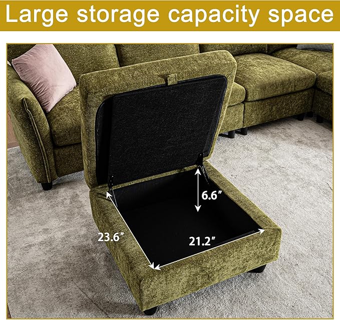 124.4 U Shaped Sectional Couches with Storage Ottoman 6 Seater Chenille Upholstered Modular Sectional Sofa Cloud Couch Sectional Sectional Couches for Living Room Bedroom &amp Apartment (Green)