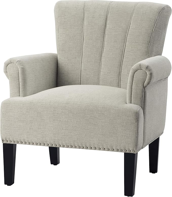 Mid-Century Modern Accent Chair Accent Rivet Tufted Polyester Armchair Upholstered Chairs Single Sofa Chairs Armchair Club Chair with Rivet Tufted Scroll Arm for Living Room (Cream * 9)