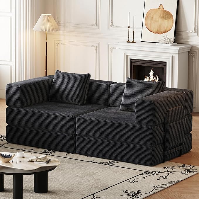 KEIKI 72.4'' Convertible Sofa Bed 2 Seat Corduroy Fabric Sofa with Two Side Storage Pockets and Two Cushions Comfortable Folding Sleeper Carpeted Couch for Living Room Bedroom and Study Black
