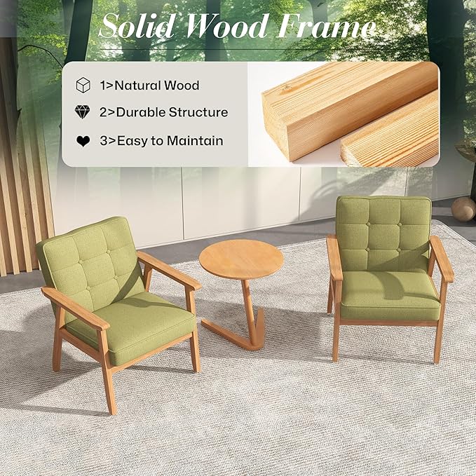 KCC Mid-Century Modern Linen Fabric Accent Chair Upholstered Tufted Leisure Chair Comfy Reading Side Chair with Armrest and Solid Wood Frame for Living Room Bedroom Balcony(Green)