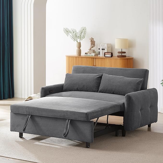 Pull-Out Sofa Bed Convertible Couch 2 Seat Loveseat Sofa Corduroy Fabric Upholstered Sleeper Sofa with 2 Throw Pillows and USB Ports for Living Room Office Apartment (Dark Grey)