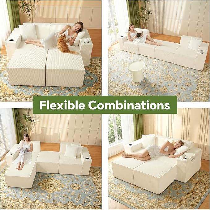 Cloud Modular Sectional CouchBoneless Corduroy Sofa for Living RoomU Shaped Sofa with OttomanDeep SeatNo Assembly Required (White Sofa Bed)