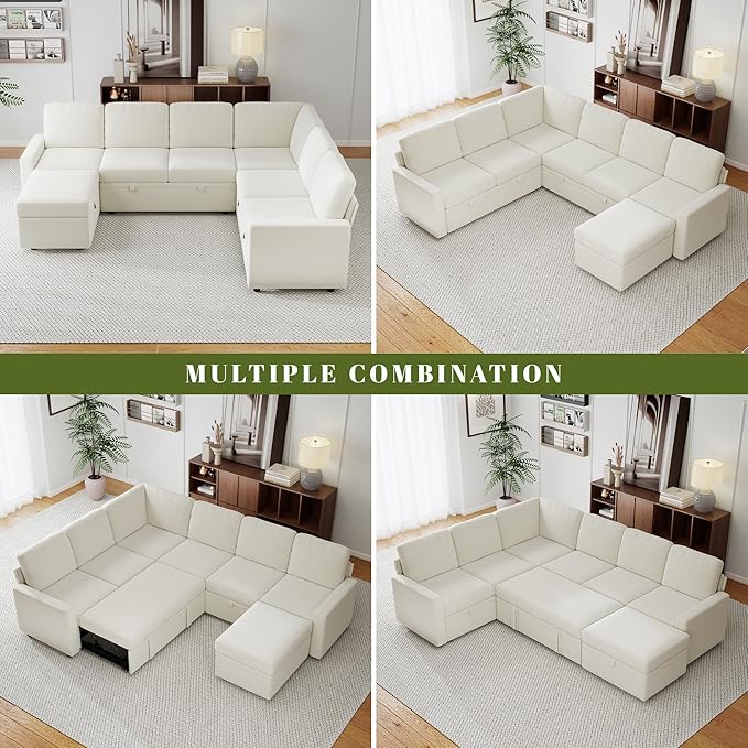 Chenille L Shaped Sofa Couch with Ottoman7 Seater Modular Sectional Sofa with StorageModern Corner Couch BedConvertibe Pullout Sleeper Sofas for Living Room (Chenille Beige 7 Seater)
