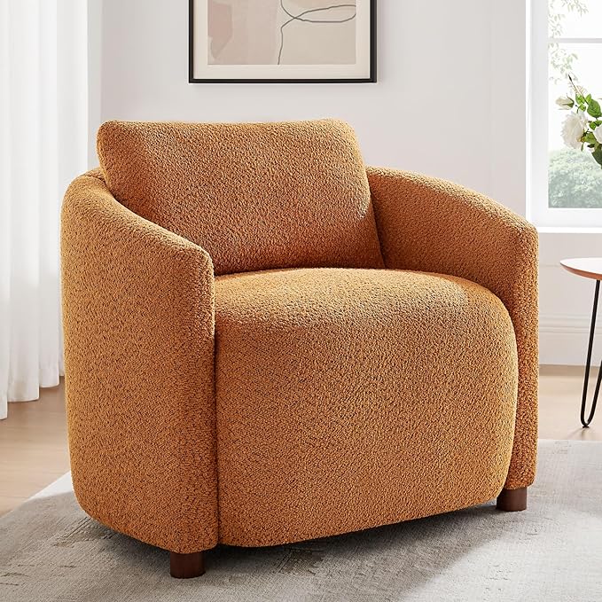 Boucle Accent Barrel Chair Cloud Reading Chair for Living Room &amp Bedroom Furry Sherpa Armchair with Cozy Soft Throw Pillow Back Comfy Upholstered Lounge Chair Modern Single Sofa Chair