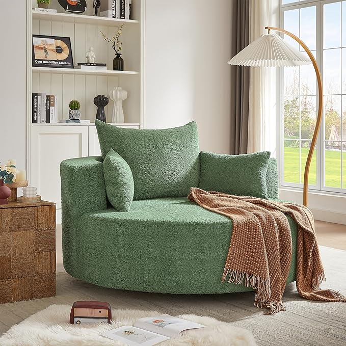 360° Oversized Swivel Barrel Chair Oversized Chenille Upholstered Reading Lounger Accent Round Sofa Chair with 5 Throw Pillows and Thicked Cushions for Living Room Bedroom Office and Hotel (Green)