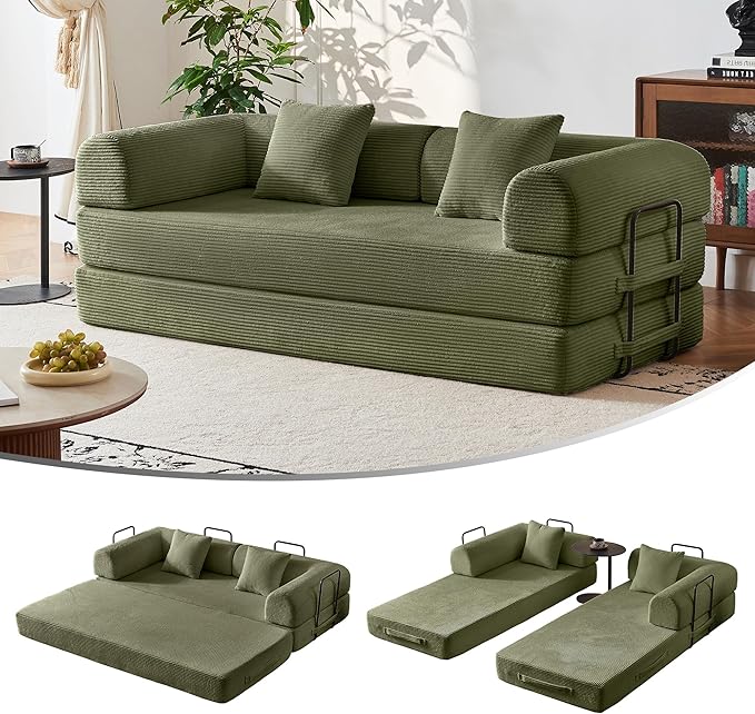 5-in-1 Convertible Sofa Bed | 79 Modular Sleeper with High-Resilience Foam &amp Fixed Frame No Assembly | Corduroy Fabric Ideal for Small Spaces Studio (Light Green)