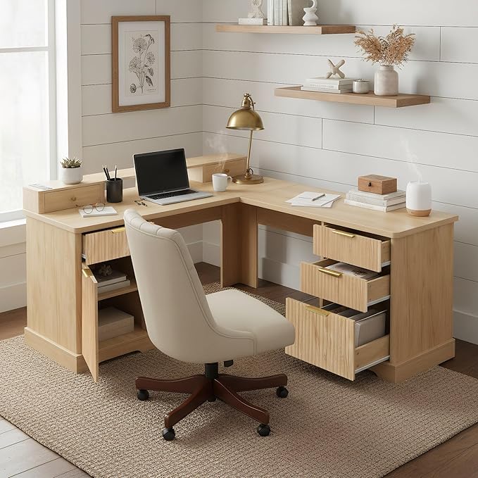 59 L-Shaped Desk with Storage File Drawers Executive Computer Gaming Home Office Desks with Charging Station Corner Work Writing Desk with Monitor Stand Removable Support Shelf (Oak)