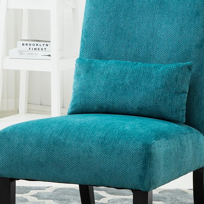 Knocbel Upholstered Accent Armless Chair with Pillow Living Room Fabric Lounge Chair with Solid Wood Frame &amp Legs (Teal Blue w/Pillow)
