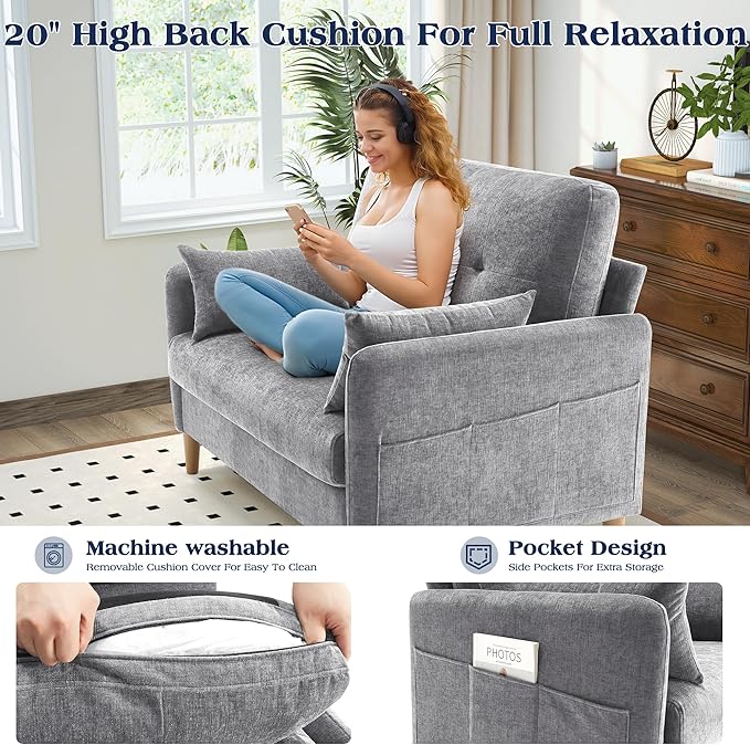 Hanherry Loveseat Sofa 47” Small Couch for Living Room Comfy Chenille Fabric Love Seat for Bedroom with Throw PillowRemovable Cushion CoverCouches for Small SpaceApartmentDorm
