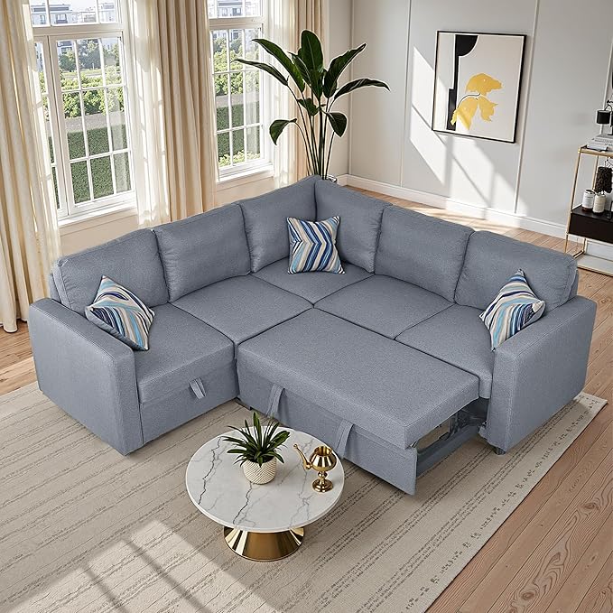 Sleeper Sofa Couch with Pull Out Bed L Shaped Couch Bed with Storage Sectional Sleep Couches Convertible Sleeper Sofa Beds W/Reversible Chaise&ampBack Cushion for Living Room Grey