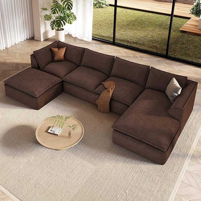 Vesgantti 141.7 U Shaped Boneless Sectional Couch Modern 6 Seater Modular Sofa with Chaise &amp Ottoman Deep Seat Corduroy Cloud Couches for Living Room No Assembly Required Dark Brown