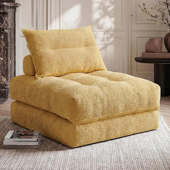 Folding Sofa Bed Fold Out Chair Bed with Pillow Convertible Sleeper Chair for Living Room/Small Spaces Foldable Lazy Sofa Bed Floor Chair Comfy Teddy Velvet Couch Bed Yellow