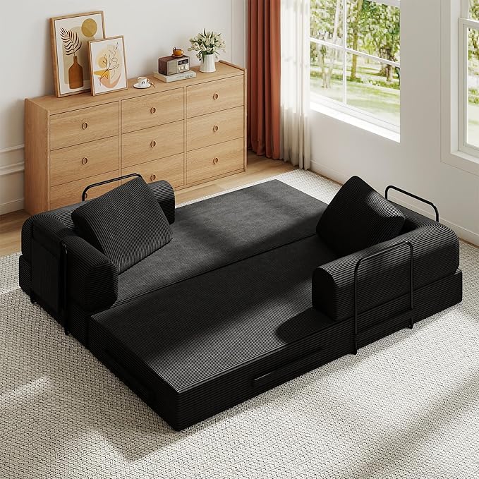 79 Convertible Sleeper Sofa Bed Oversized Corduroy Floor Couch with 2 Pillows Pull Out Memory Foam Mattress Guest Bed High-Density Sleeper Loveseat for Living Room Apartment [Black]