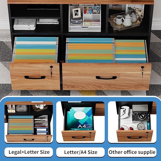 2 Drawer Wood Mobile Large Lateral File Cabinet Lockable Rolling Filing Cabinet with Storage Shelves Printer Stand Office Storage Cabinet for Home Office Fits Files Legal/A4 Rustic Brwon