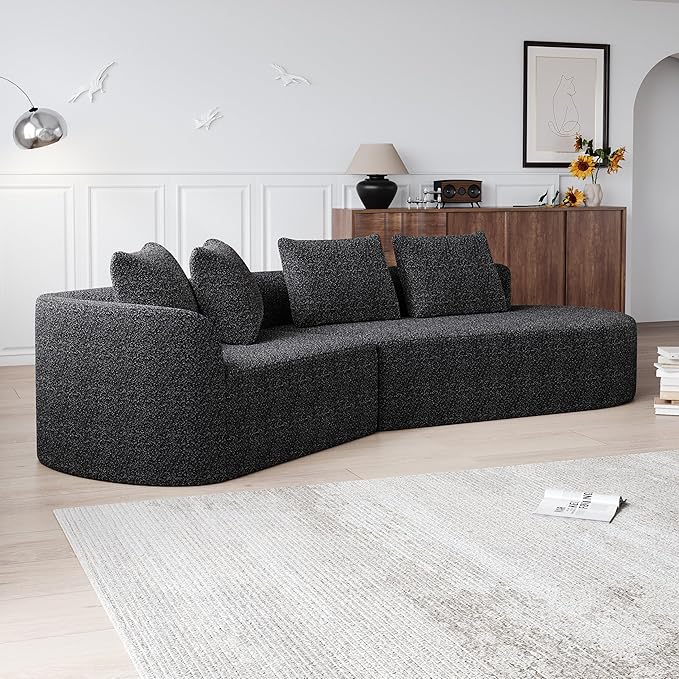 112 Modern Cloud Sectional Sofa Chenille 4-Seater Curved Couch with 4 Pillows Extra Deep &amp Wide Seat No-Assembly Compressed Upholstered Living Room Sofa for BedroomApartmentBlack Left