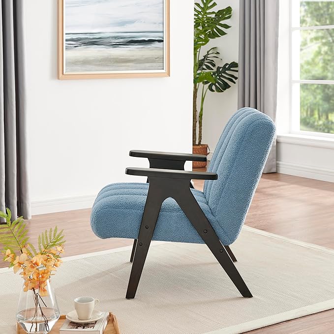 Roundhill Furniture Rella Modern Teddy Sherpa Accent Chair with Espresso Wood Frame Blue