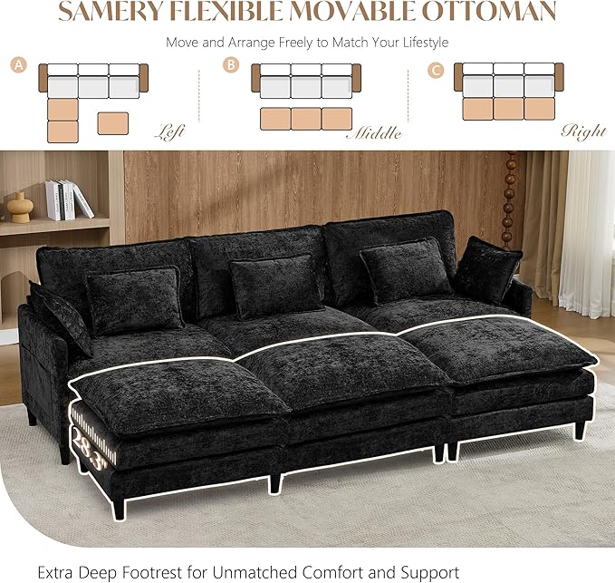 SAMERY 111 U Shaped Couch Cloud Sofa Modular Sectional Couch with 3 Large Ottomans Black 3 Seater Chenille Oversized Deep Seat Sectional Sofa with Pillows for Living Room Bedroom Apartment