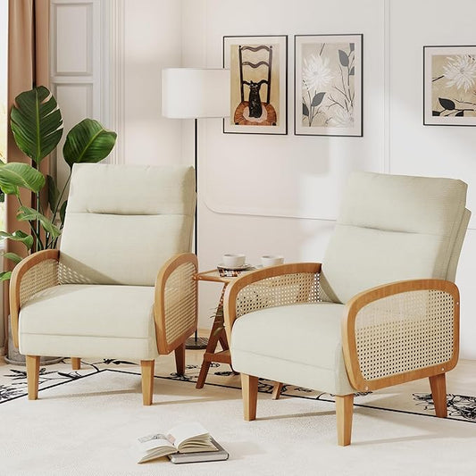 Andeworld Accent Chair Set of 2Upholstered Modern Living Room Chairs with Natural Rattan Arm Linen Fabric Arm Chair with Wooden Legs for Bedroom Club Balcony Reception Ivory