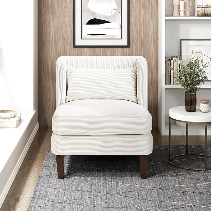 Lexicon Armless Living Room Accent Chair Corduroy Fabric Upholstered Single Sofa Chair with Pillow Solid Wood Legs Wing Back for Bedroom/Office/Waiting Area Beige