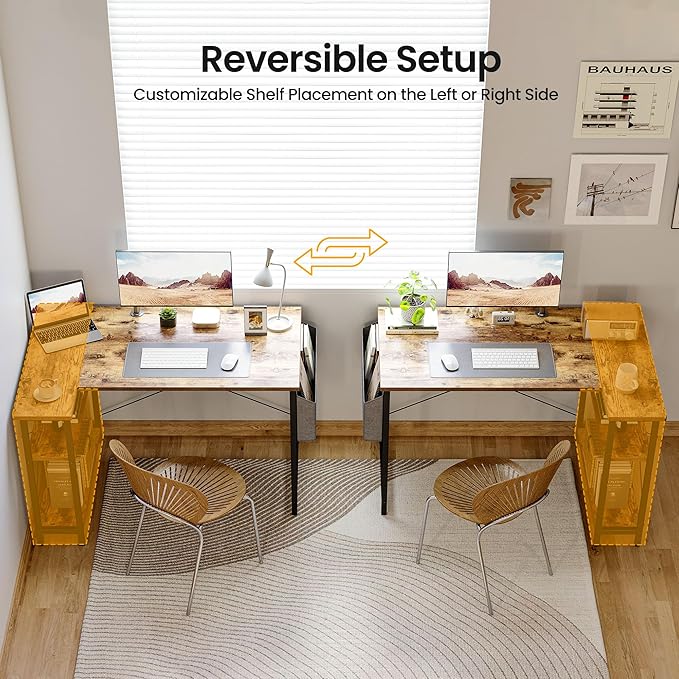 CubiCubi L Shaped Desk 55 Computer Table with Reversible Storage Shelves Home Office Corner Study Writing Gaming Rustic Brown