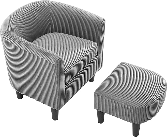 Modern Accent ChairUpholstered Arm Chair Corduroy Single Sofa Chair with Ottoman Foot Rest Comfy Armchair for Living Room Bedroom and OfficeGrey