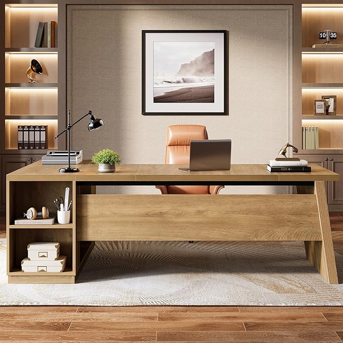 Tribesigns 78 L Shaped Desk with Drawers Large Executive Office Desk with File Cabinet and Shelves Modern Corner Computer Table Business Furniture for Home Office Brown