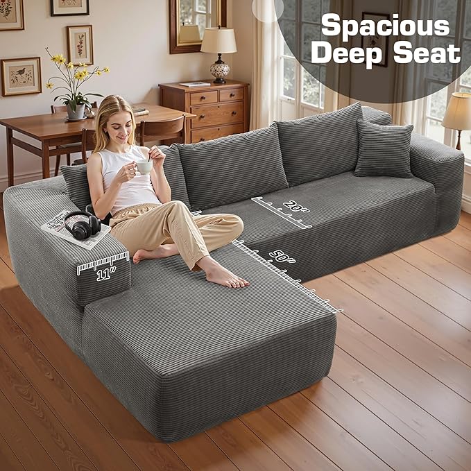 106 Cloud Sectional Couch with Chaise LoungeL Shaped Modular Modern SofaComfy Corduroy Fluffy Couches with Deep SeatNo Assembly Required Couch for Living Room(LeftStripe CorduroyGray)
