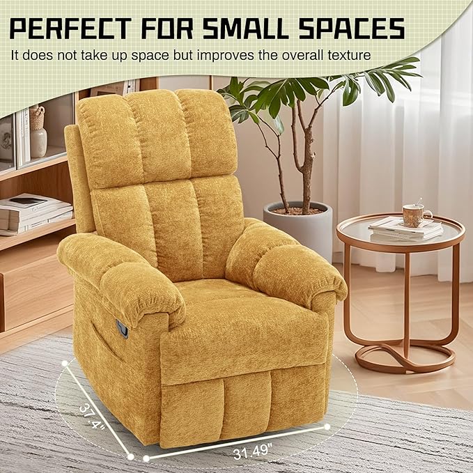 Recliner Chair Swivel Rocker Recliner Chair for Adults Small Recliners for Small Spaces Upholstered Manual Recliner with Side Pockets Nursery Rocking Chair for Living Room Chenille Yellow