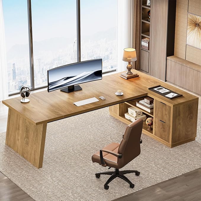 Tribesigns 78 L Shaped Desk with Drawers Large Executive Office Desk with File Cabinet and Shelves Modern Corner Computer Table Business Furniture for Home Office Brown