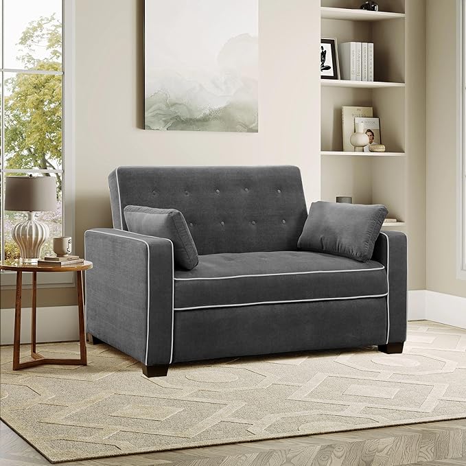 Serta Ainsley 66.5 Convertible Sleeper Loveseat Full Size Dreamcoil Comfort Soft Woven Fabric Charcoal