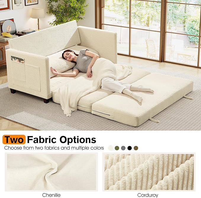 65 Loveseat Sleeper Sofa Bed Corduroy Convertible Sofa Bed for Small Spaces Folding Couch Bed with Deep Seat 2 Pillows &amp Solid Frame Pull Out Floor Couches for Living Room Beige