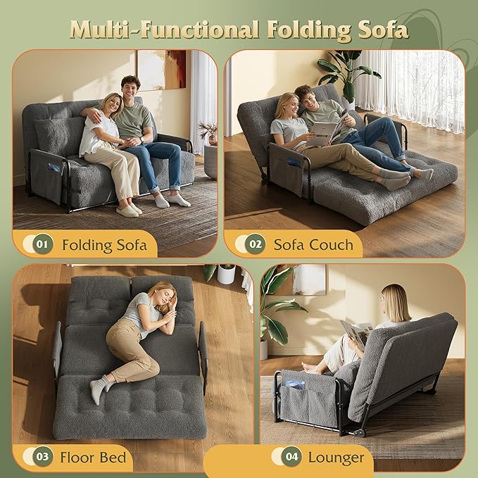 WLIVE Futon Sofa Bed Floor Chair with Adjustable Backrest Bean Bag Bed for Adults with Armrest Pillow Low Profile for Living Room Reading Bedroom Loveseat Grey