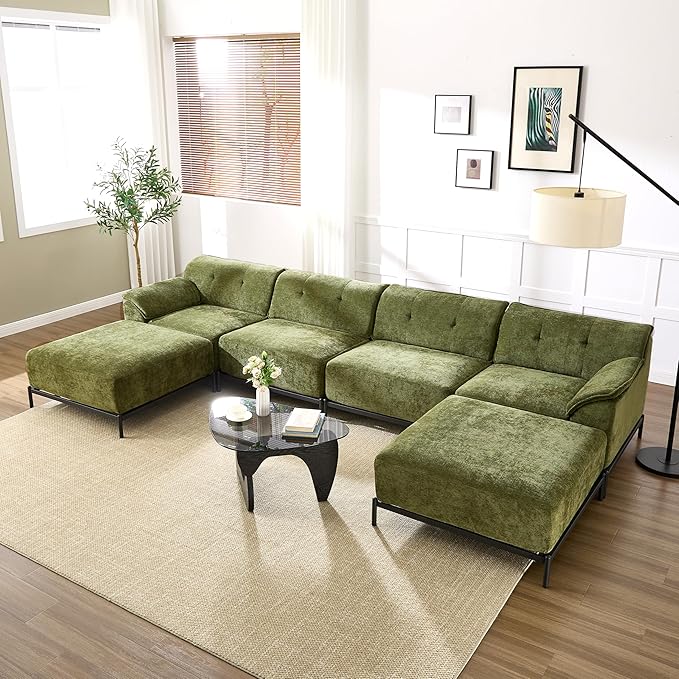 VKNOW 106 Couches for Living Room Modular Sectional Sofa with Wide Armrests and Solid Iron Frame Compressed Couch for Living RoomOfficeChenille FabricGreen