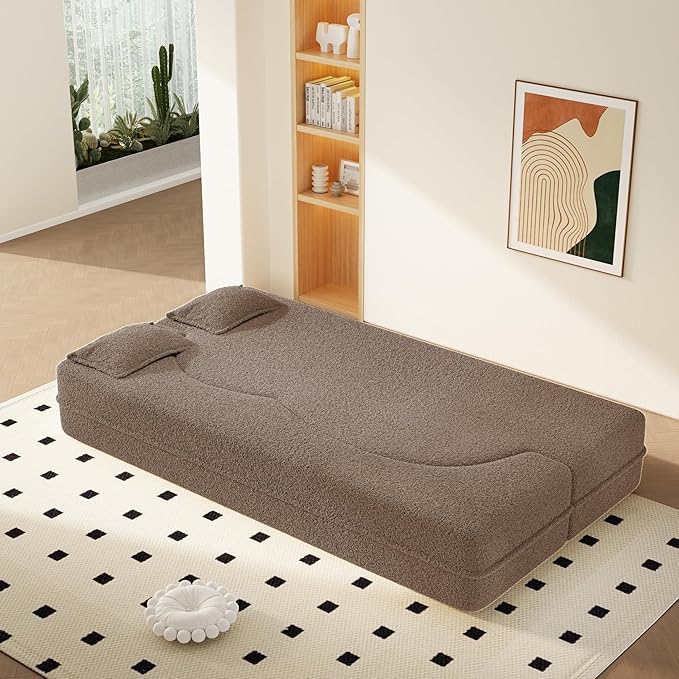2 in 1 Convertible Compressed Sofa Bed 54'' Modern Boneless Loveseat Sleeper in a Box Floor Mattress Futon Couch No Assembly Needed Space Saving Brown 2 Pillows Full for Small Living Room