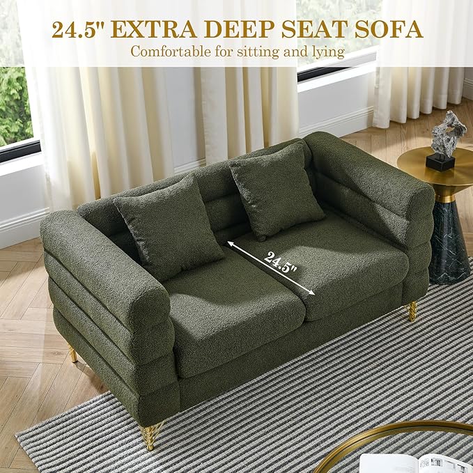 Loveseat Sofa Modern Couch 60 W Teddy Bouclé Comfy Cloud Sofa with Gold Legs &amp Pillows Upholstered Tufted Deep Seat Cozy Sherpa Couch for Living Room Bedroom Office Apartment(2 Seater Green