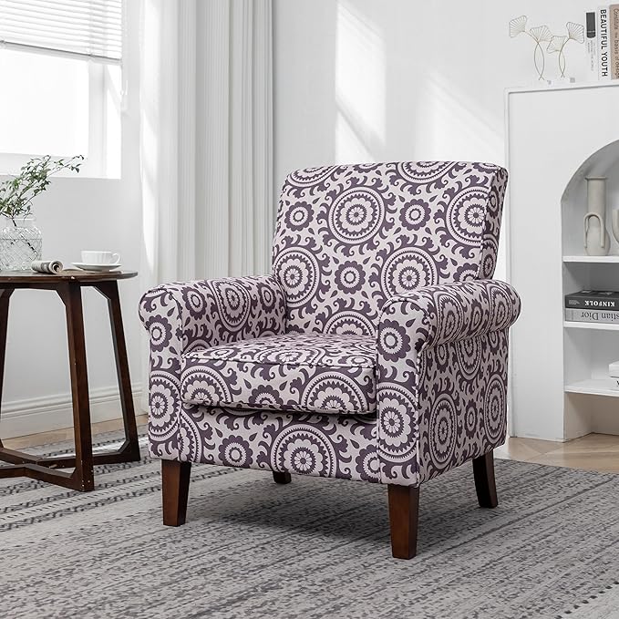 Classic Accent Armchair with Birch Wood Frame and Comfortable Rolled Armrests Arm Chairs for Living Room Bedroom and Office Decor 02 Printed Fabric