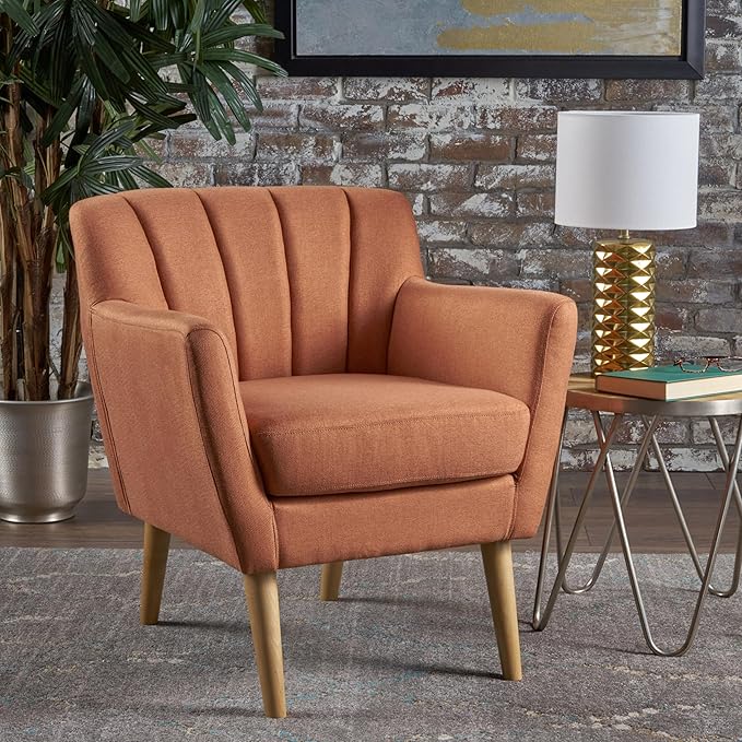 Mid-Century Accent Chairs Modern Upholstered Living Room Chair Cozy Armchair with Wood Legs for Bedroom/Office/Cafe/Living Room (Orange + Linen)