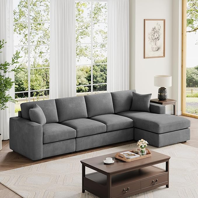 VANOMi 119 L-Shaped Sectional Sofa with Reversible Chaise Modern Corduroy Couch with Deep Seats 4-Seater Upholstered Sofa for Living Room or Apartment Dark Grey